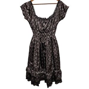 Y2K Goth Smocked Lace Ruffle Midi Fairy Grunge Whimsigoth Dress Witchy Vamp